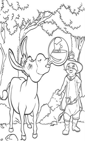 kolorowanka Shrek malowanka Osioł i Kot w Butach z bajki Shrek do wydruku z bajki dla dzieci, do pokolorowania kredkami, obrazek nr 22